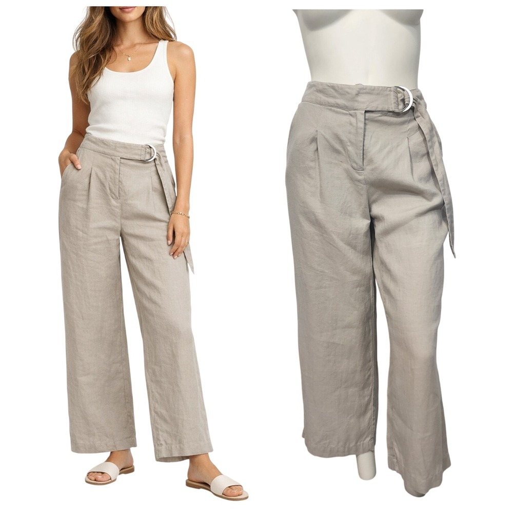 Halston Linen Wrap Pants Small Beige Wide‎ Leg Cropped Tie Waist Minimalist